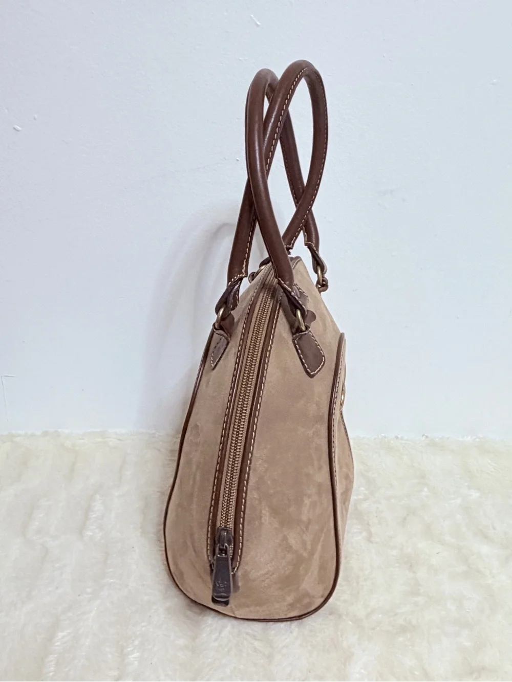 Antigua Beige Suede Dome Handbag with Brown Trim - Classic Women’s Bag